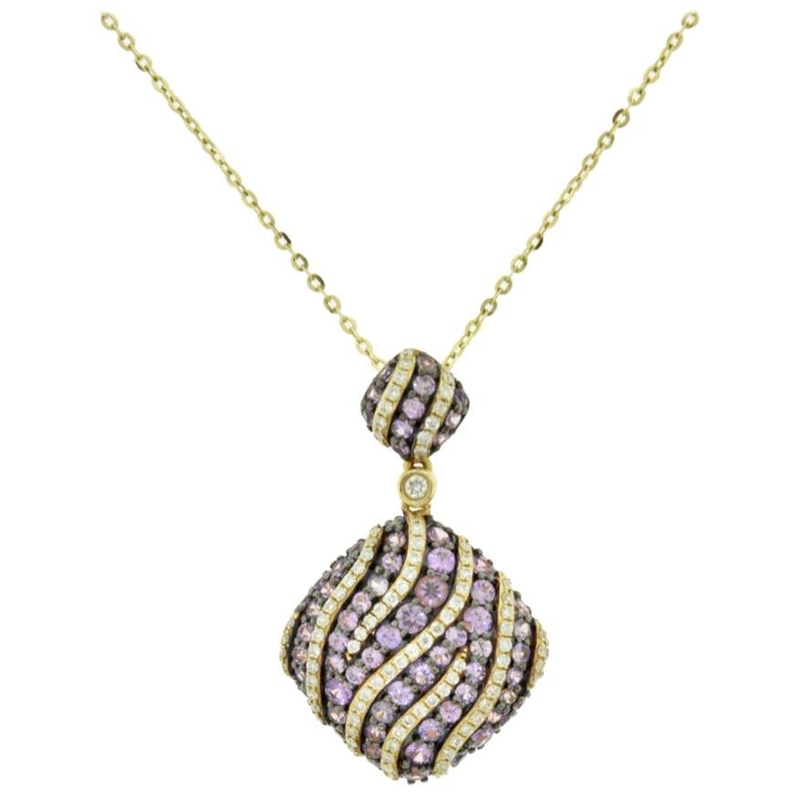 Diamond & Amethyst Double Diamond Drop Swivel Pendant Necklace Yellow Gold
