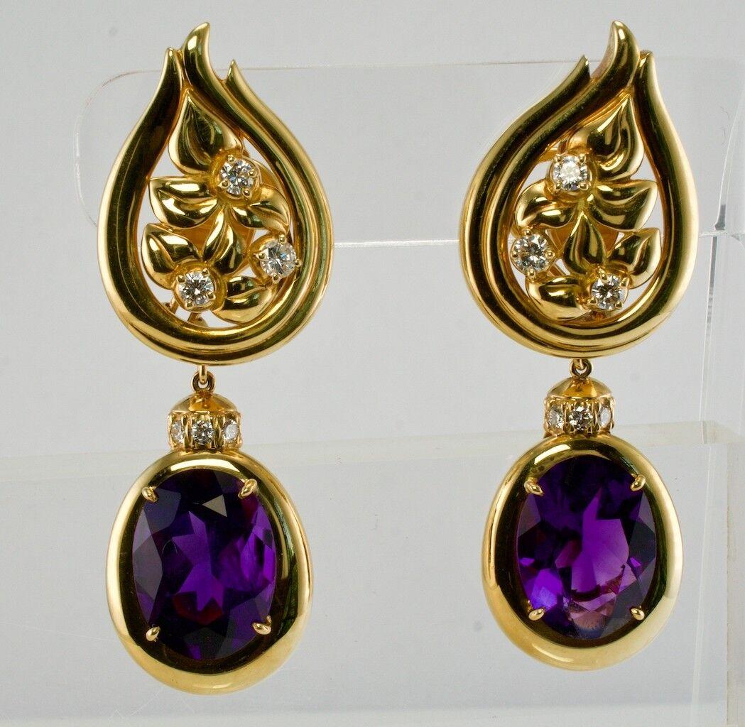 Diamond Amethyst Earrings 18K Gold Sam Lehr Dangle

This gorgeous pair of estate earrings is finely crafted in solid 18K Yellow Gold. The maker is likely Sam Lehr. The inside stamp has only an L and Gold Carat Weight. The Lehr Brothers uses only the