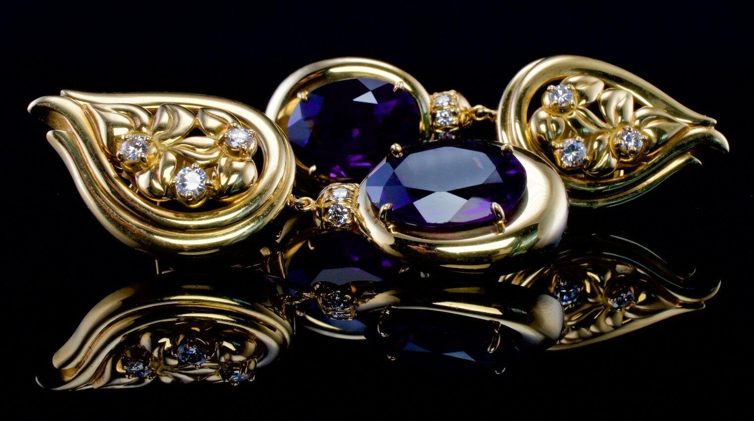 Oval Cut Diamond Amethyst Earrings 18K Gold Sam Lehr Dangle For Sale
