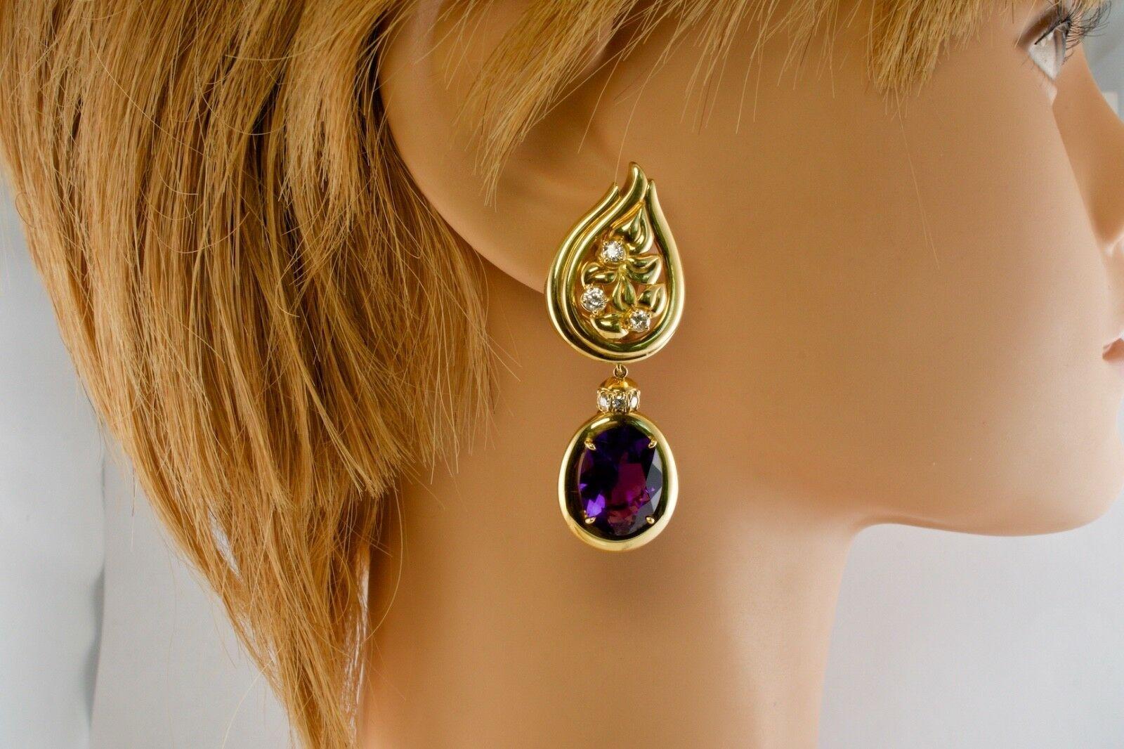 Women's or Men's Diamond Amethyst Earrings 18K Gold Sam Lehr Dangle For Sale