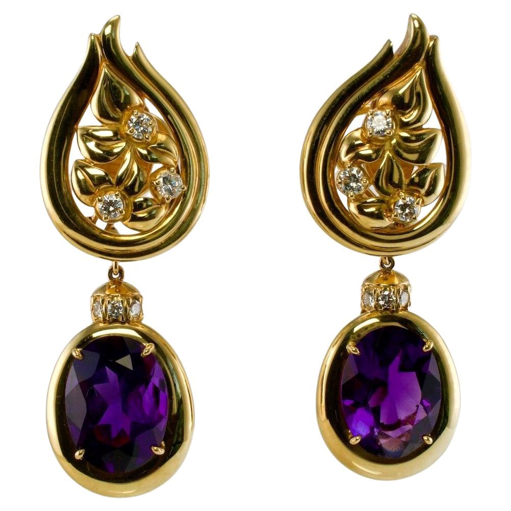 Diamant- Amethyst-Ohrringe 18K Gold Sam Lehr Ohrhänger mit Diamanten