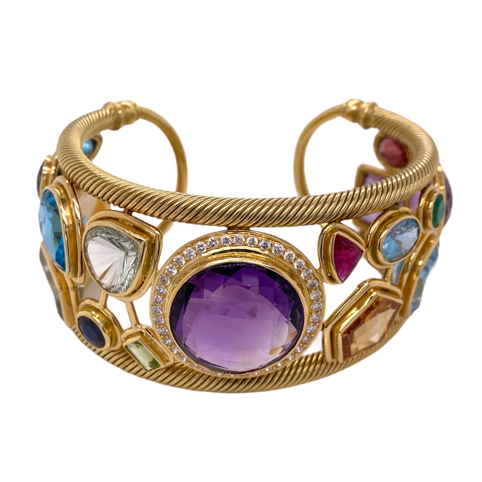 Round Cut Diamond Amethyst Emerald Sapphire Topaz Ruby 18 Karat Yellow Gold Cuff Bracelet