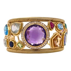 Diamond Amethyst Emerald Sapphire Topaz Ruby 18 Karat Yellow Gold Cuff Bracelet Diamond Amethyst Emerald Sapphire Topaz Ruby 18 Karat Yellow Gold Cuff Bracelet