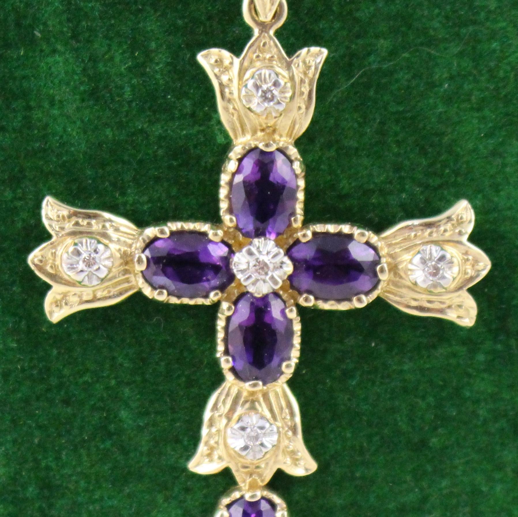 20th Century Diamond & Amethyst Gold Cross on Chain For Sale