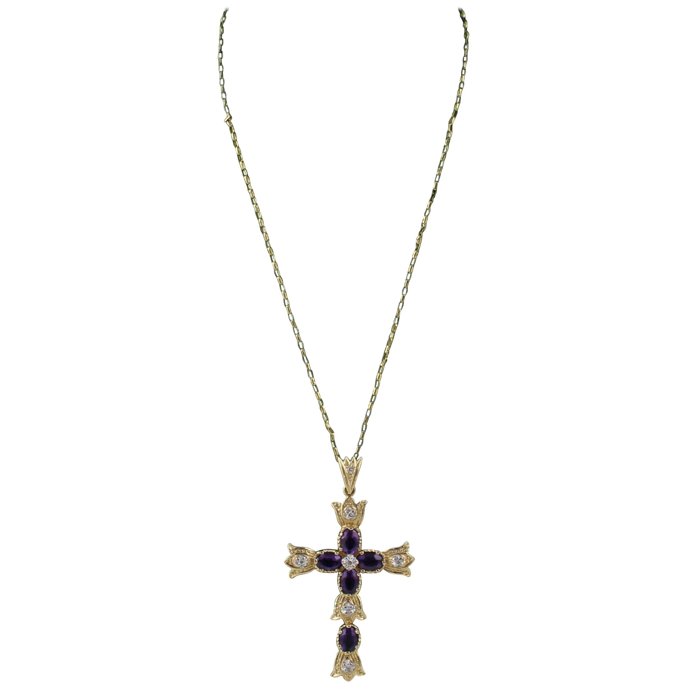 Diamond & Amethyst Gold Cross on Chain For Sale
