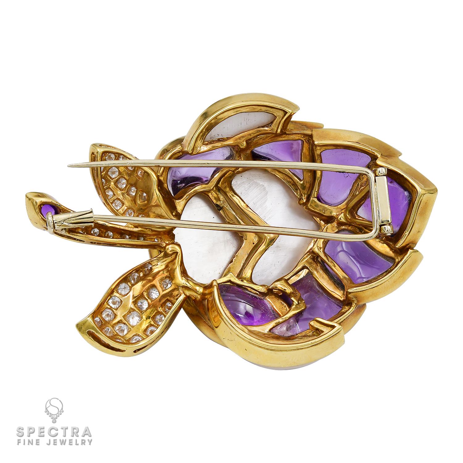 Contemporary Diamond Amethyst Mother of Pearl 18k Gold Pin For Sale