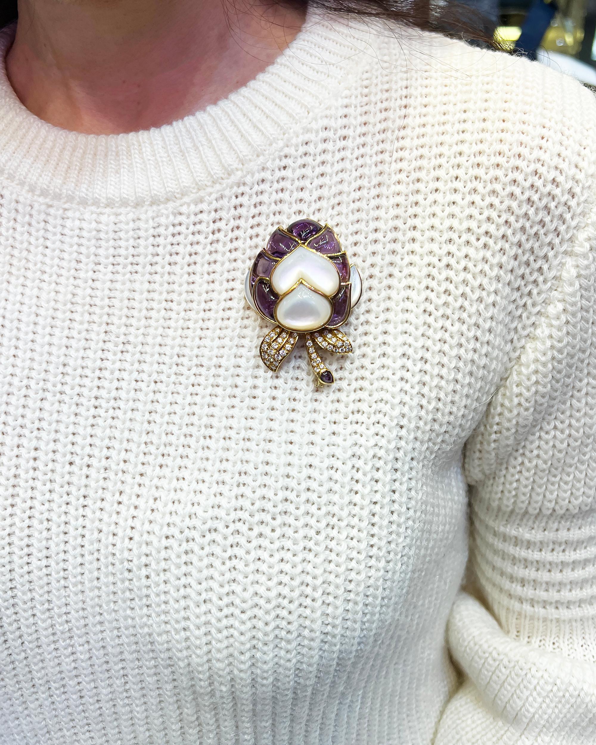 Mixed Cut Diamond Amethyst Mother of Pearl 18k Gold Pin For Sale