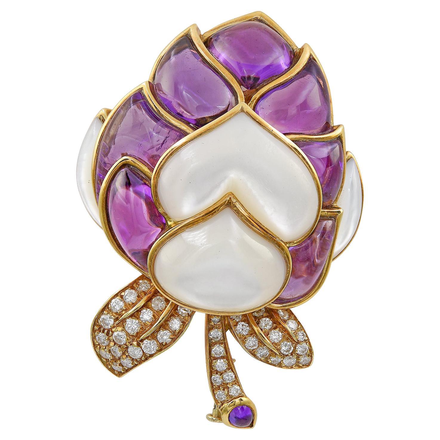 Diamond Amethyst Mother of Pearl 18k Gold Pin For Sale