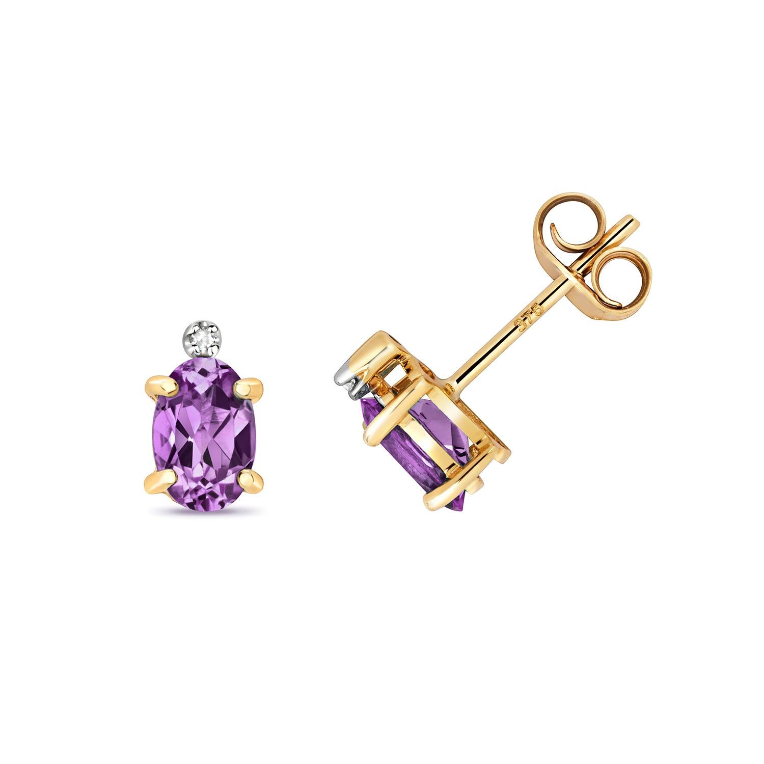 DIAMOND & AMETHYST OVAL CLAW SET STUDS IN 9CT Gold In New Condition For Sale In Ilford, GB