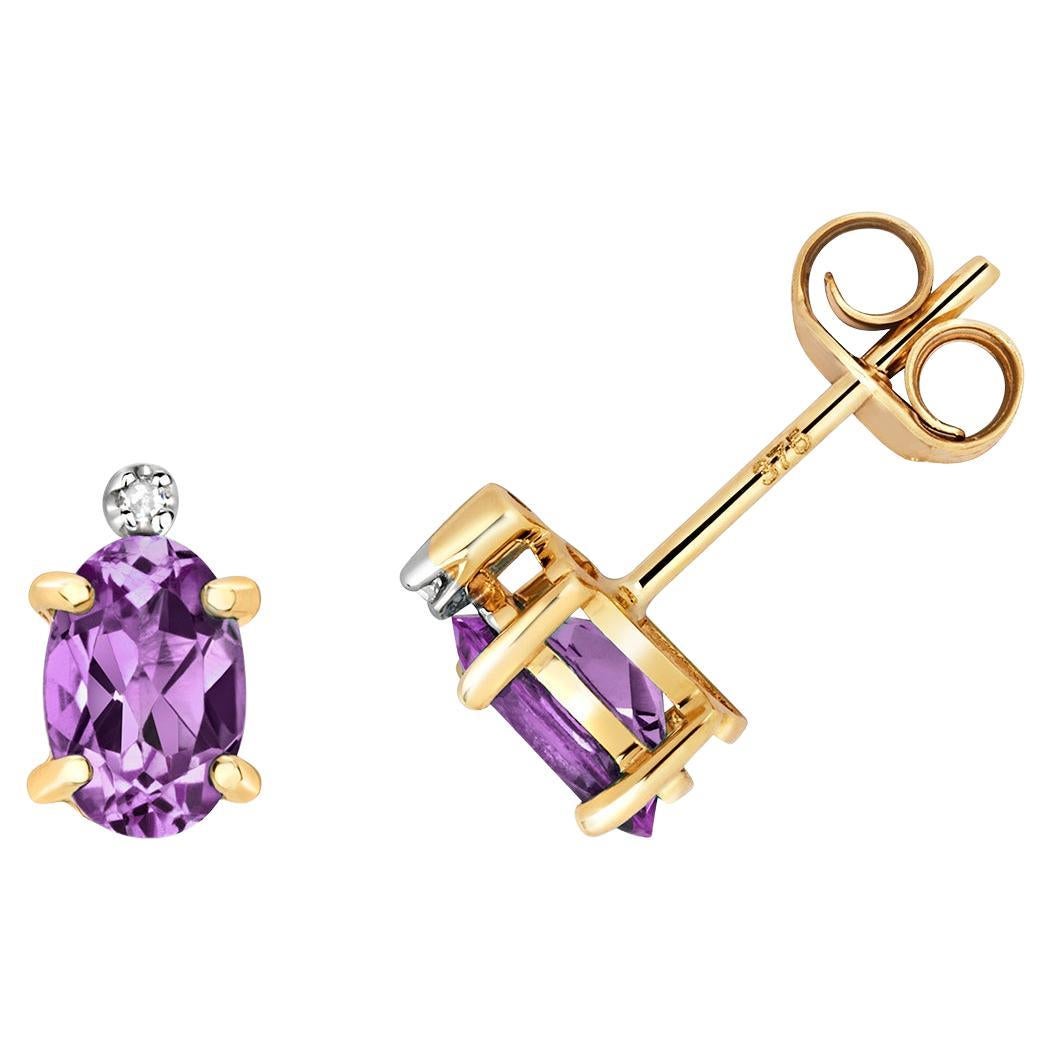 DIAMOND & AMETHYST OVAL CLAW SET STUDS IN 9CT Gold For Sale