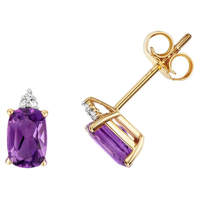Diamond & Amethyst Oval Claw Set Studs In 9Ct Gold For Sale