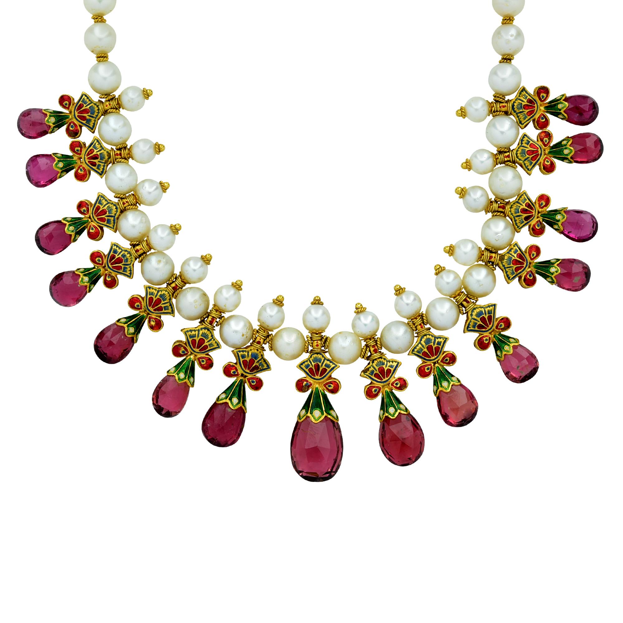 Rose Cut Diamond, Amethyst, Peal and Enamel 22 Karat Bib Necklace