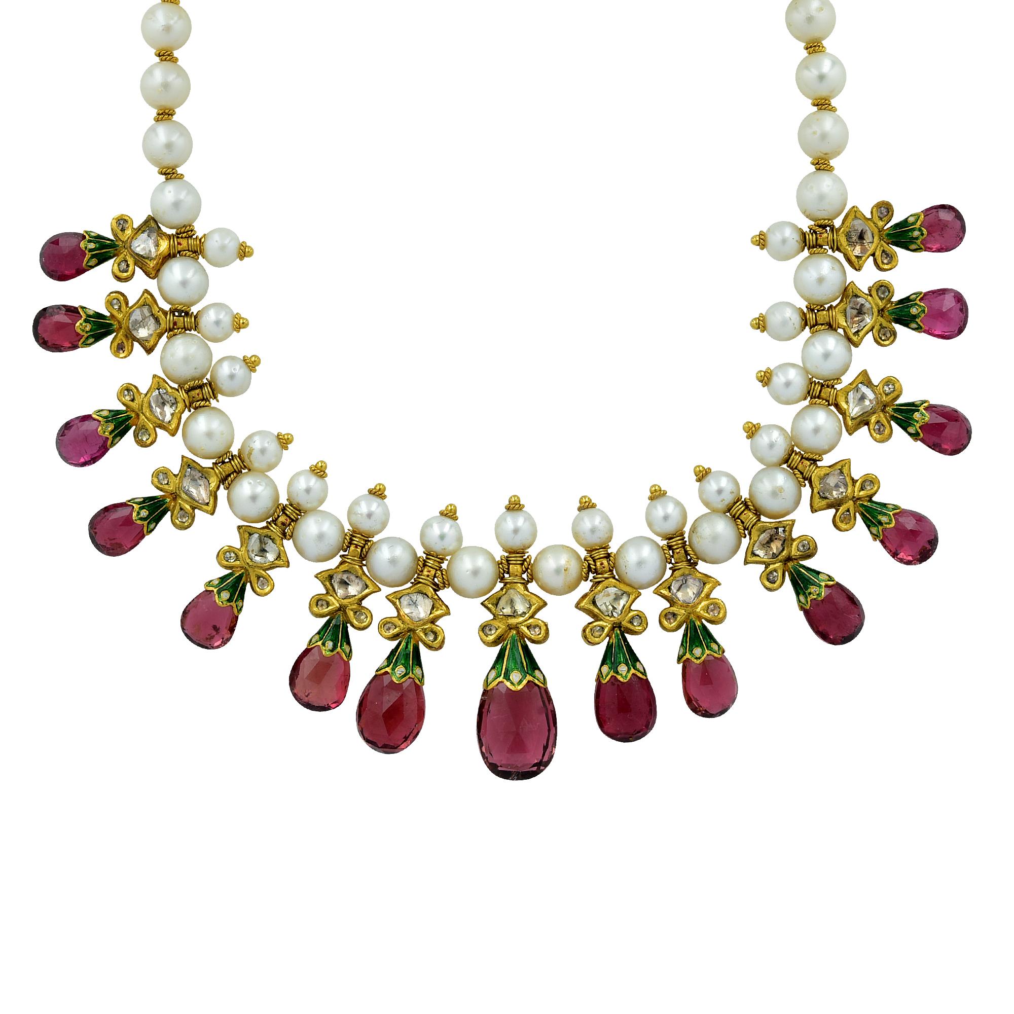 Women's Diamond, Amethyst, Peal and Enamel 22 Karat Bib Necklace