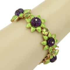Diamante Amatista Peridoto Esmalte Verde Pulsera Floral Link Oro Amarillo 18K