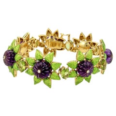 Diamante Amatista Peridoto Esmalte Verde Pulsera Floral Link Oro Amarillo 18K