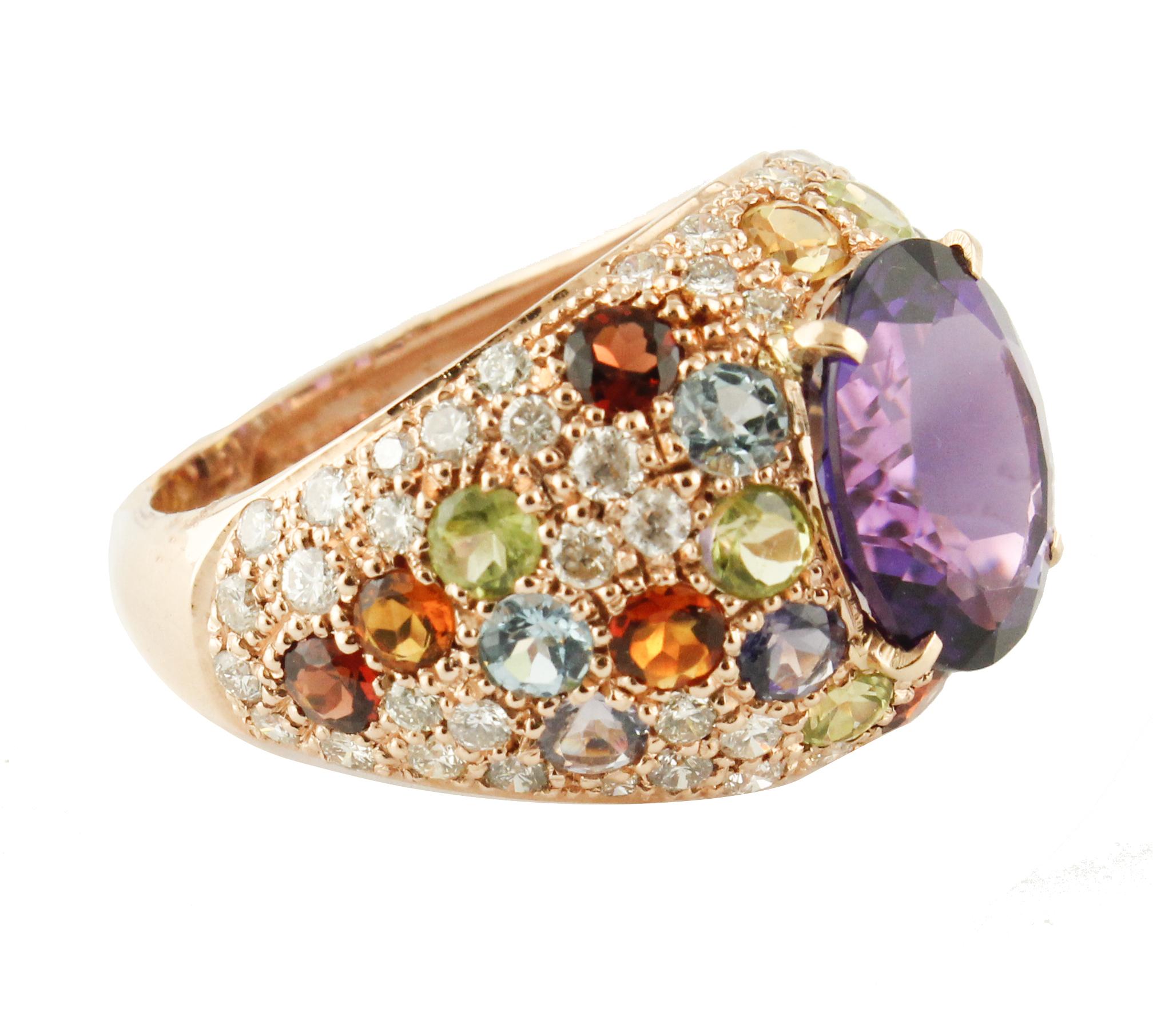Ring aus Roségold mit Diamant, Amethyst, Peridot, Orange, Hellblauer Topas, Iolith und Granat (Retro) im Angebot