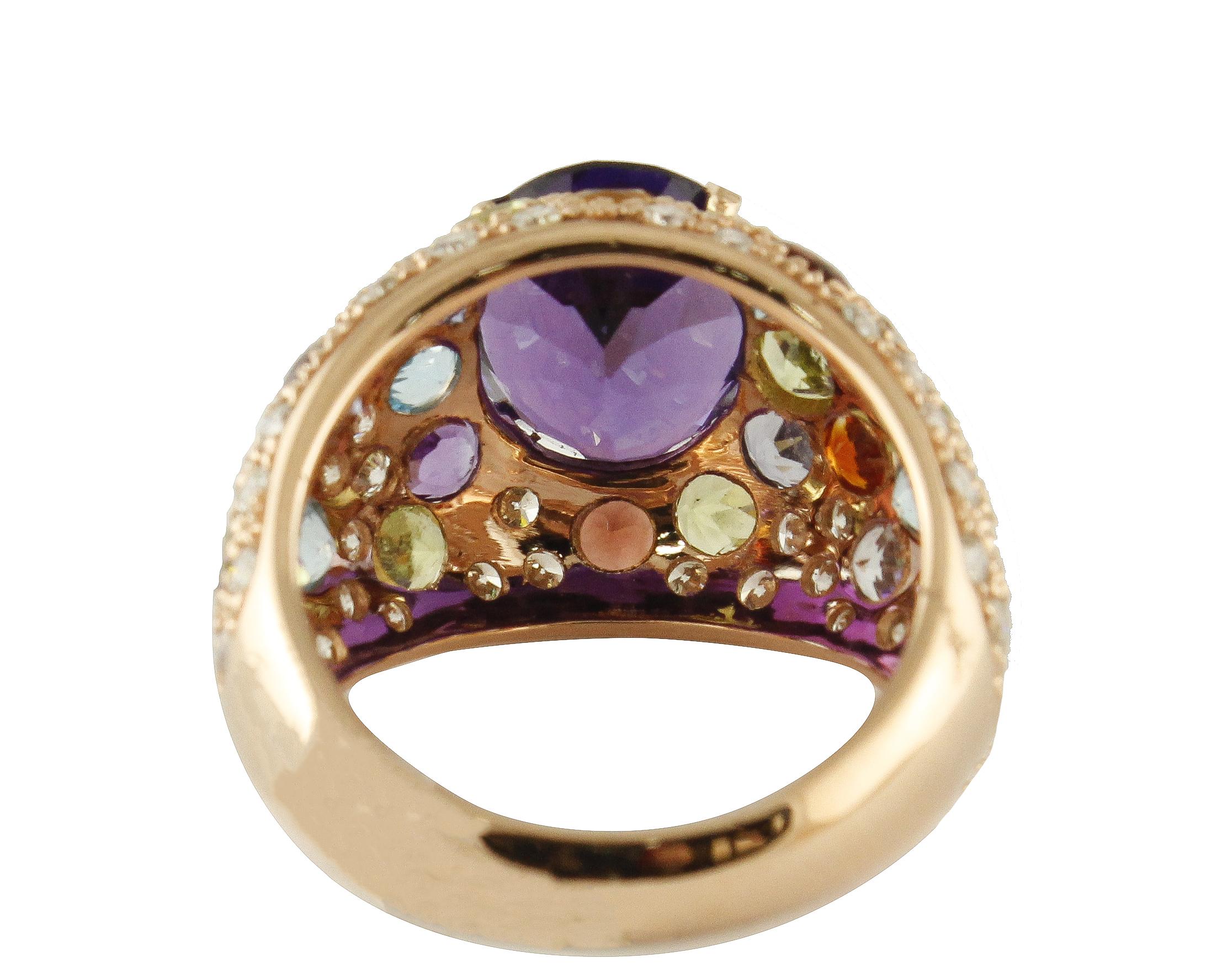 Ring aus Roségold mit Diamant, Amethyst, Peridot, Orange, Hellblauer Topas, Iolith und Granat (Gemischter Schliff) im Angebot