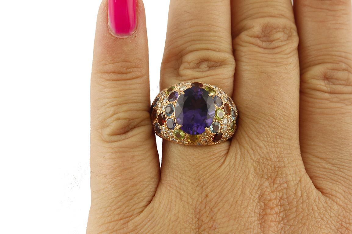 Retro Diamond Amethyst Peridot Orange Light Blue Topaz Iolite Garnet Rose Gold Ring For Sale