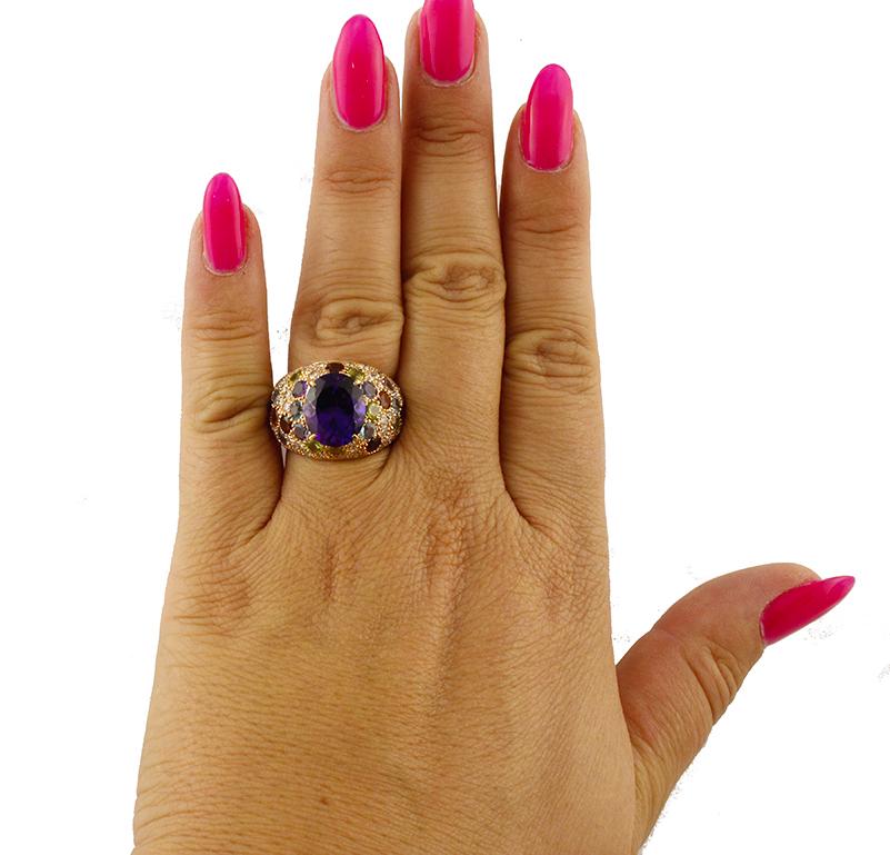 Ring aus Roségold mit Diamant, Amethyst, Peridot, Orange, Hellblauer Topas, Iolith und Granat Damen im Angebot