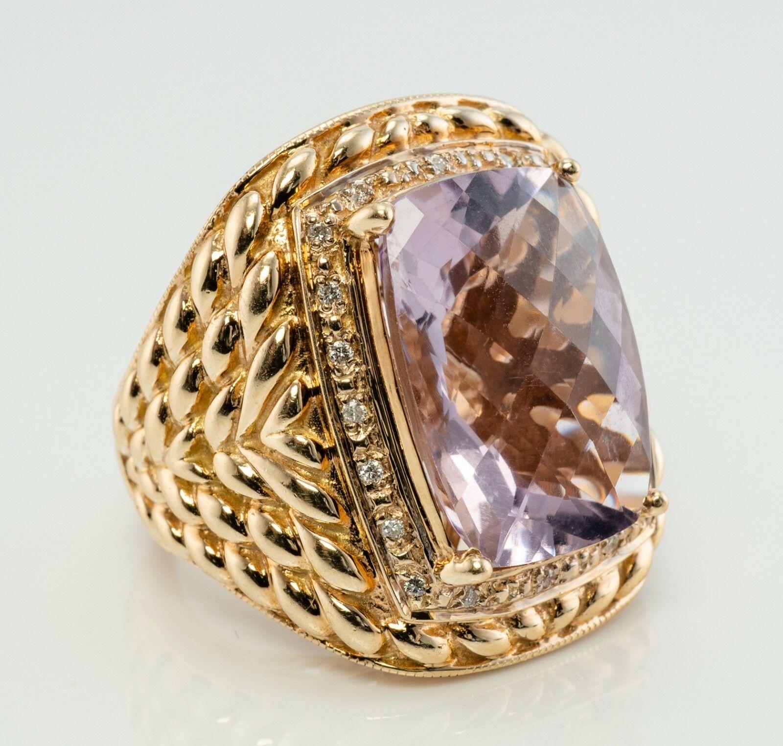 This amazing large and spectacular vintage ring is finely crafted in solid 14K Yellow Gold and is set with genuine Earth mined Amethyst and Diamonds. The center checkerboard Amethyst measures 18mm x 14mm (17.30cts). Twenty small but white and fiery