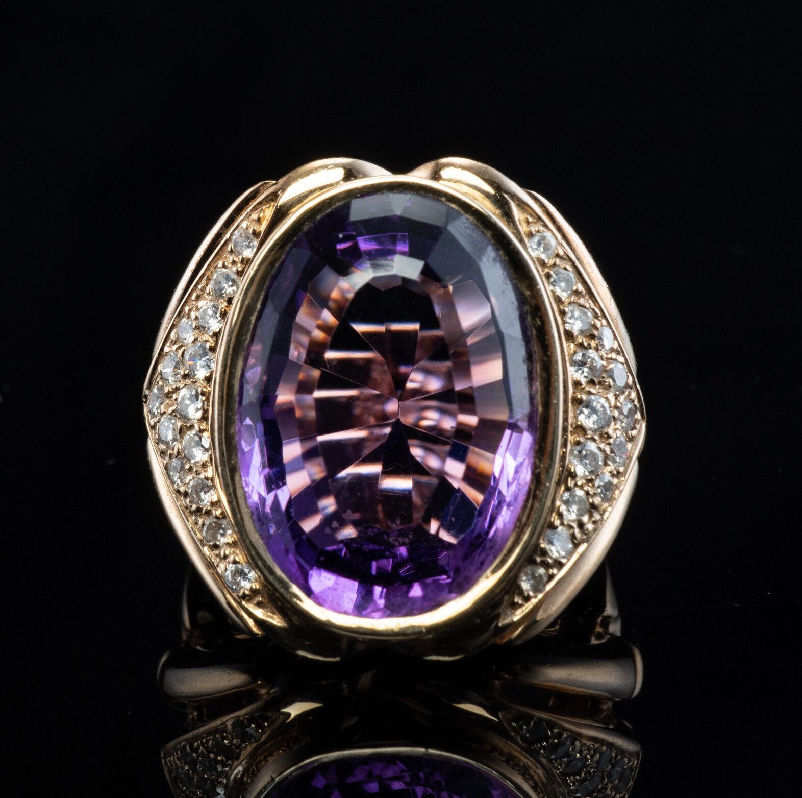 Oval Cut Diamond Amethyst Ring 14K Gold Cocktail Vintage For Sale