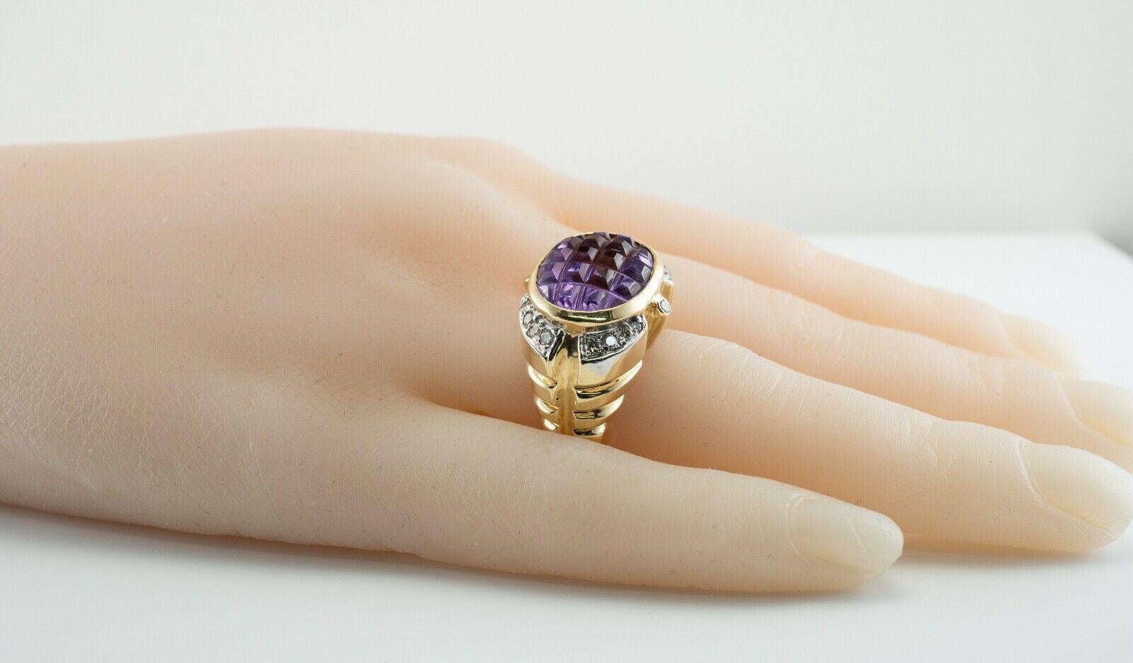 Anillo Diamante Amatista Oro 14K Cocktail Vintage en venta 8