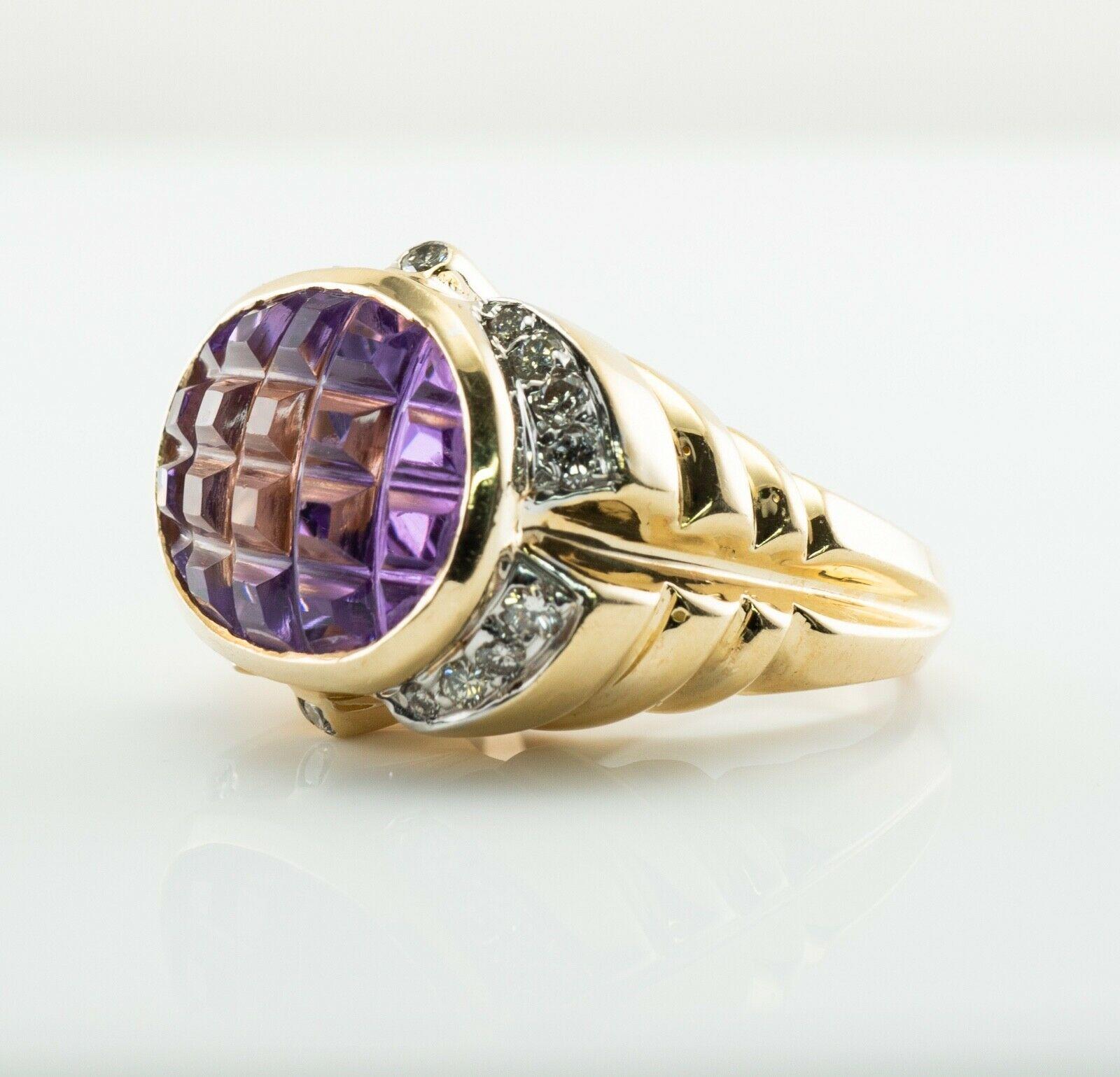 This spectacular vintage ring is finely crafted in solid 14K Yellow Gold (carefully tested and guaranteed), and set with natural Earth mined Amethyst gemstones and diamonds. Twenty old cut amethysts are very clean stones of great intensity. Eighteen