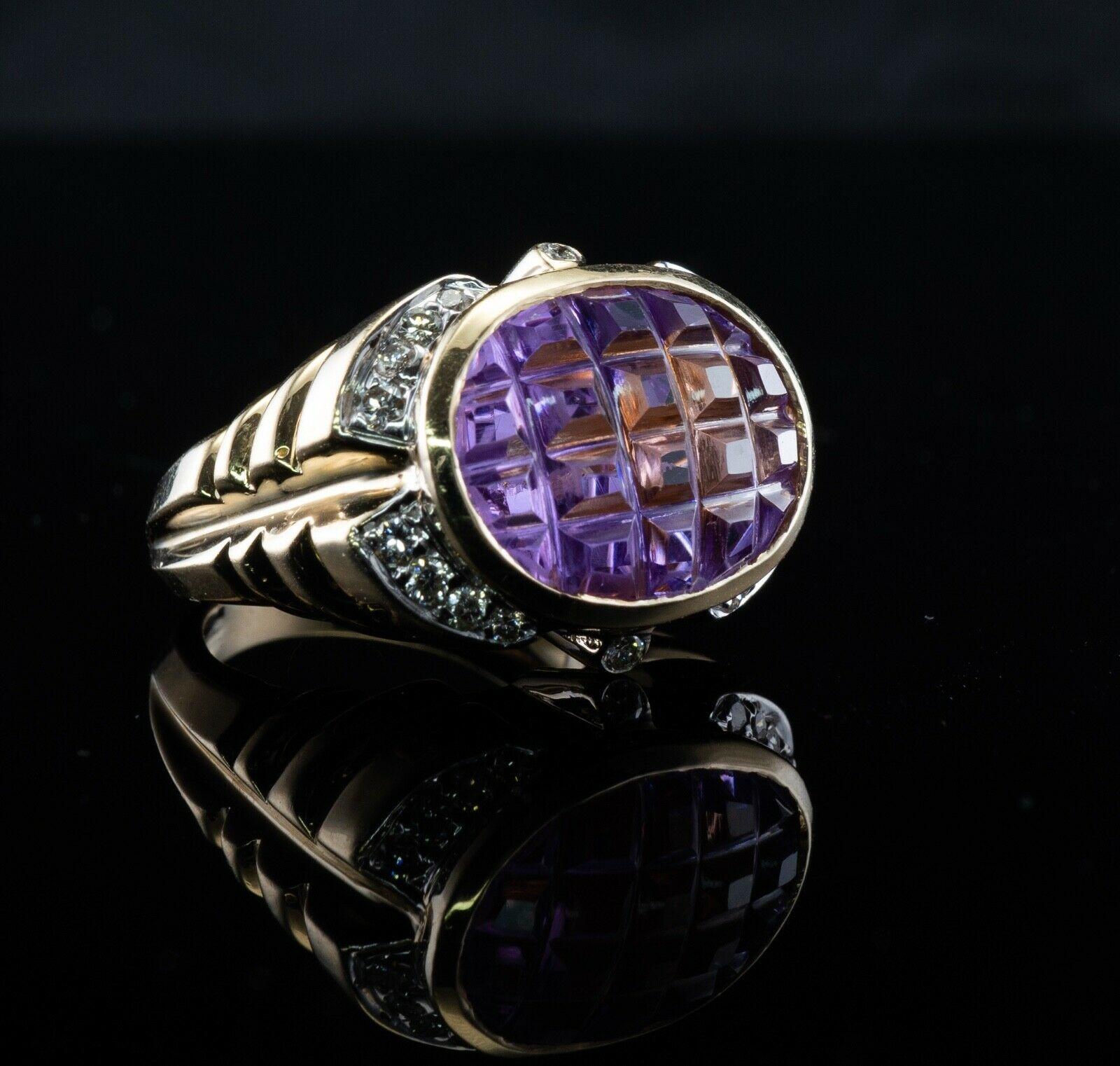 French Cut Diamond Amethyst Ring 14K Gold Vintage Cocktail For Sale