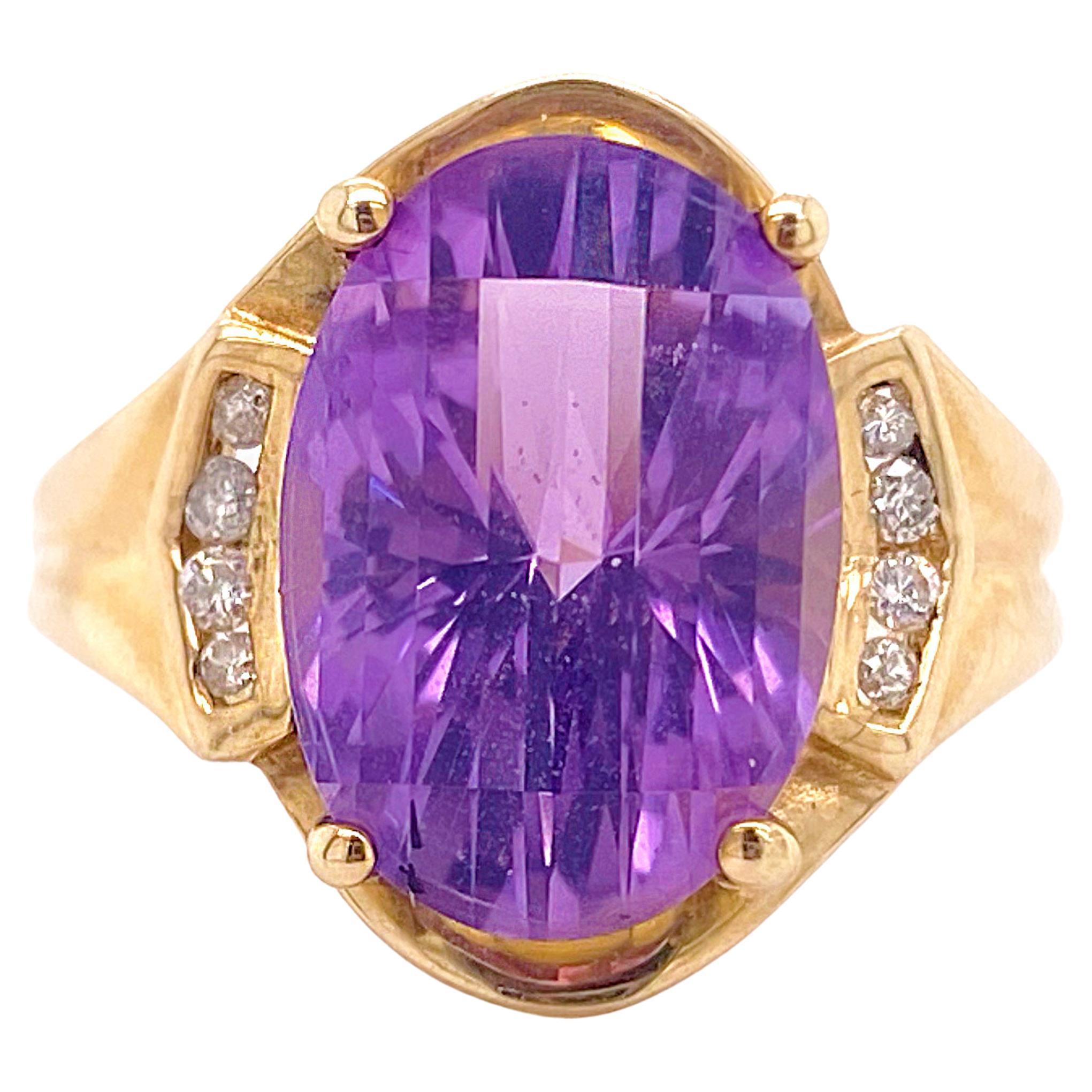 Diamond Amethyst Ring, Yellow Gold, Estate Ring With Genuine 6.0 Carat Amethyst For Sale