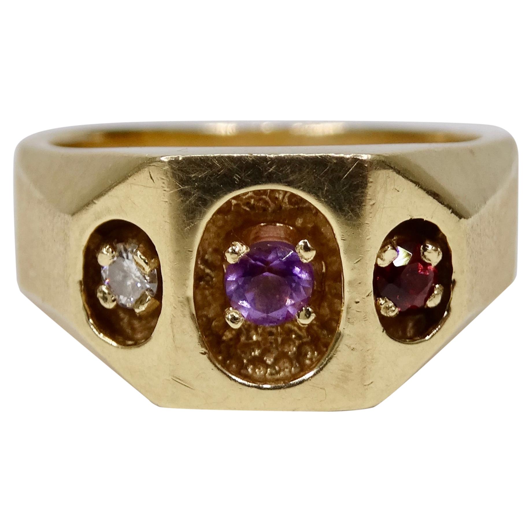 Diamond, Amethyst & Ruby 14k Gold Ring  For Sale
