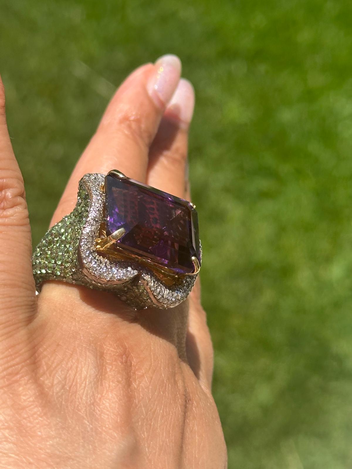 Anillo Diamante Amatista Tsavorita, Anillo Cóctel Amatista, Anillo Tsavorita, diamante en venta 12