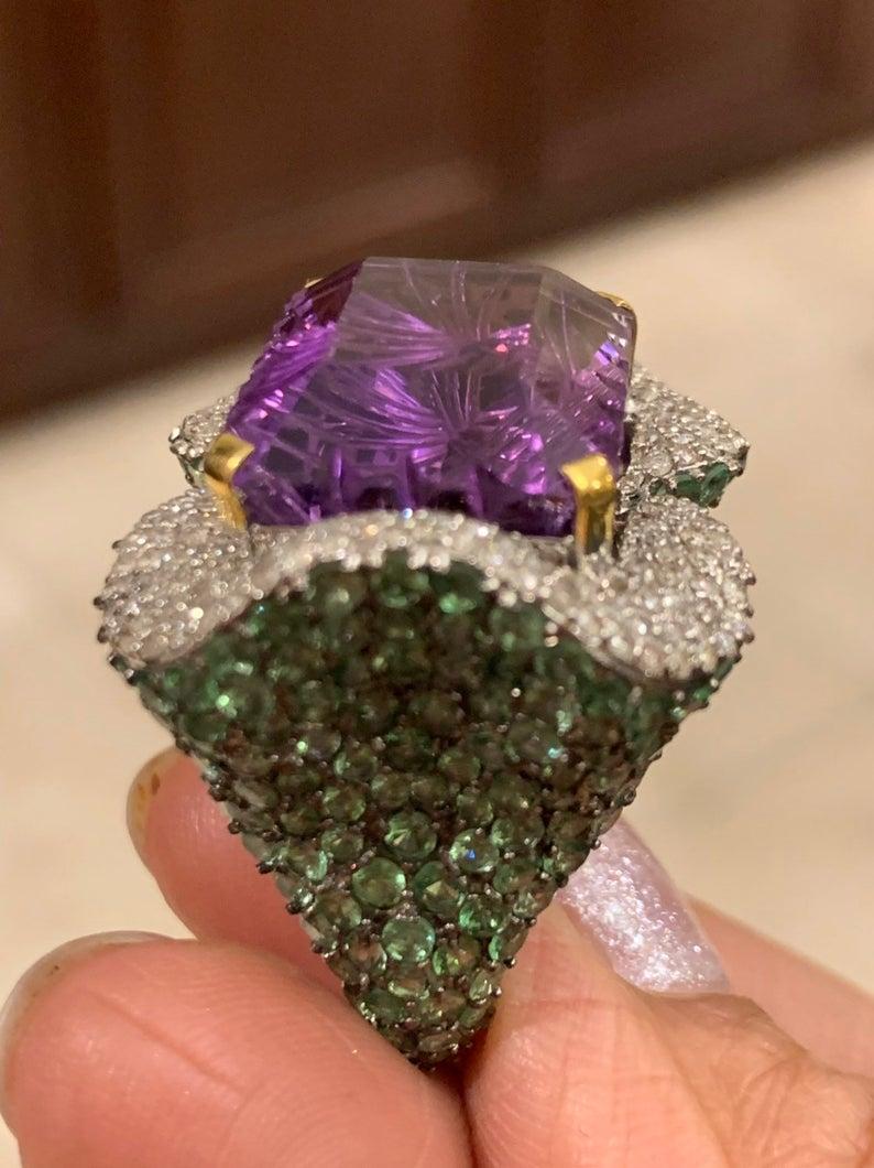 Diamond Amethyst Tsavorite Ring, Amethyst Cocktail ring, Tsavorite Ring, diamond In New Condition For Sale In Yorba Linda, CA