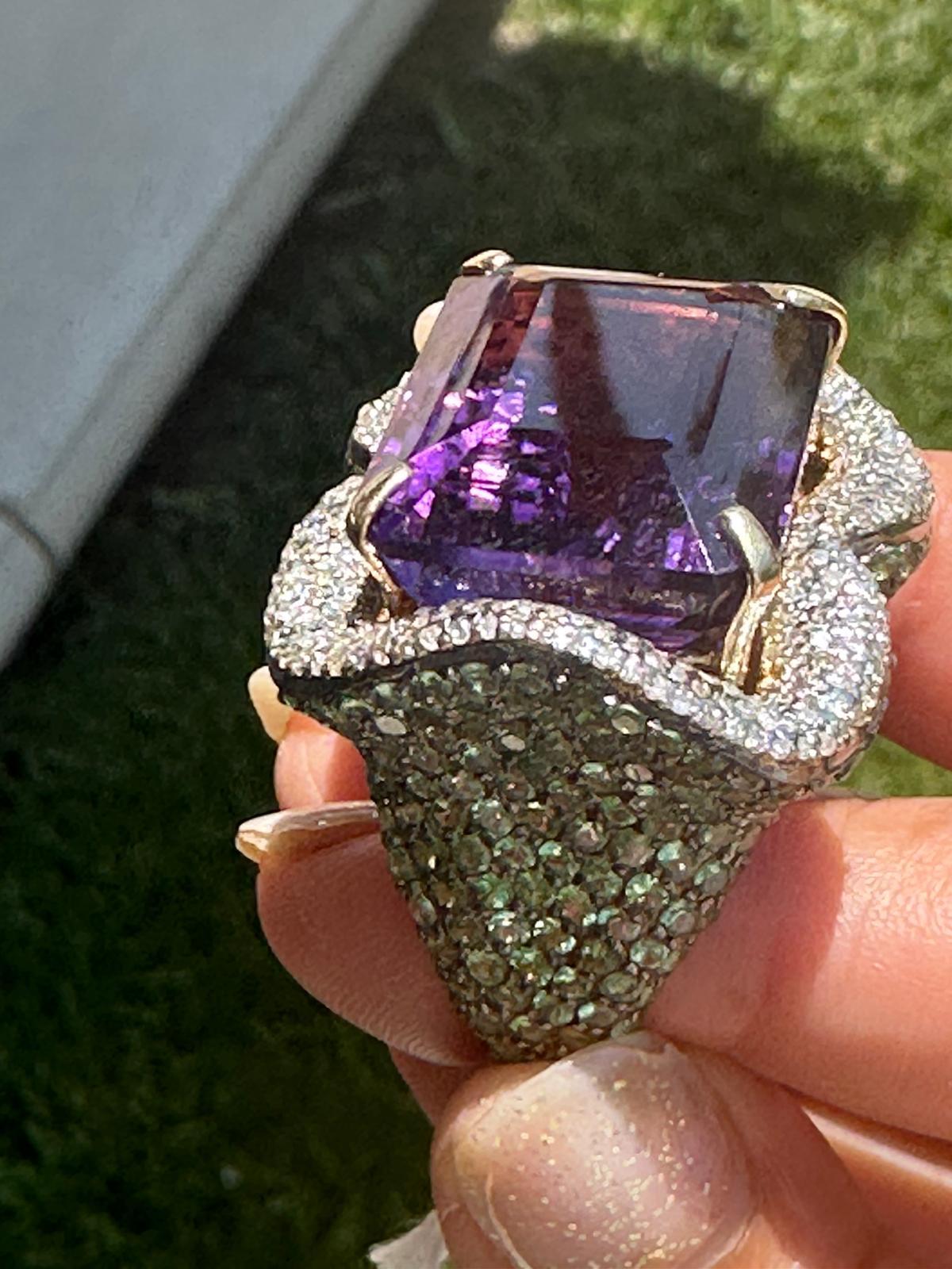 Femenino o masculino Anillo Diamante Amatista Tsavorita, Anillo Cóctel Amatista, Anillo Tsavorita, diamante en venta
