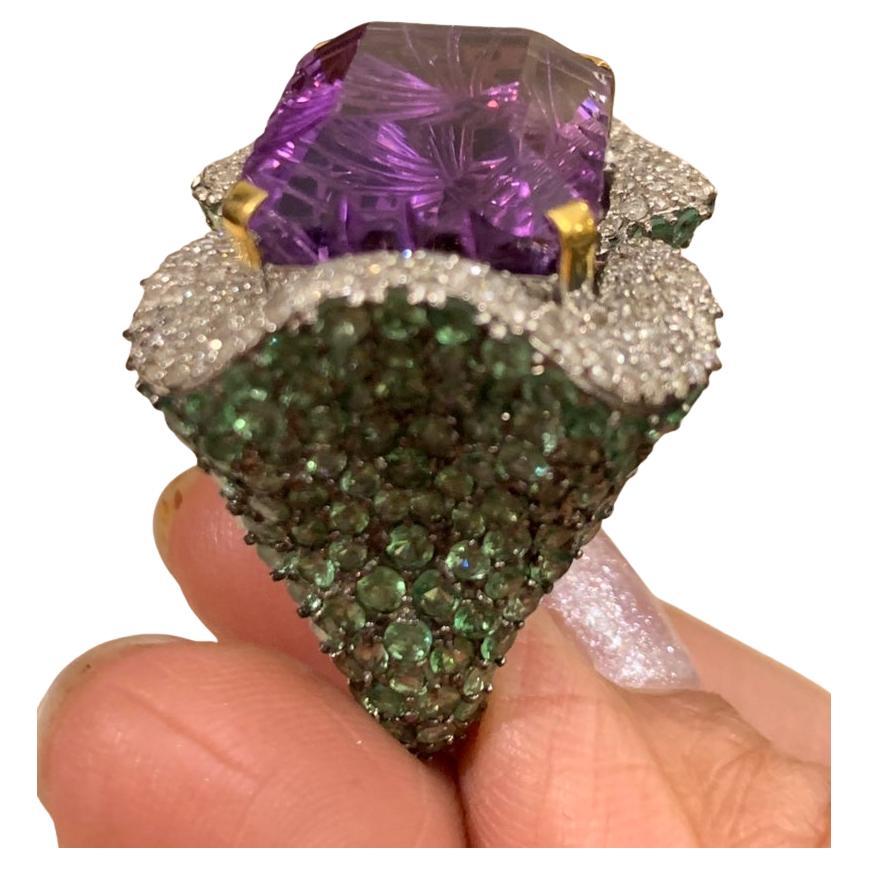 Diamond Amethyst Tsavorite Ring, Amethyst Cocktail ring, Tsavorite Ring, diamond For Sale