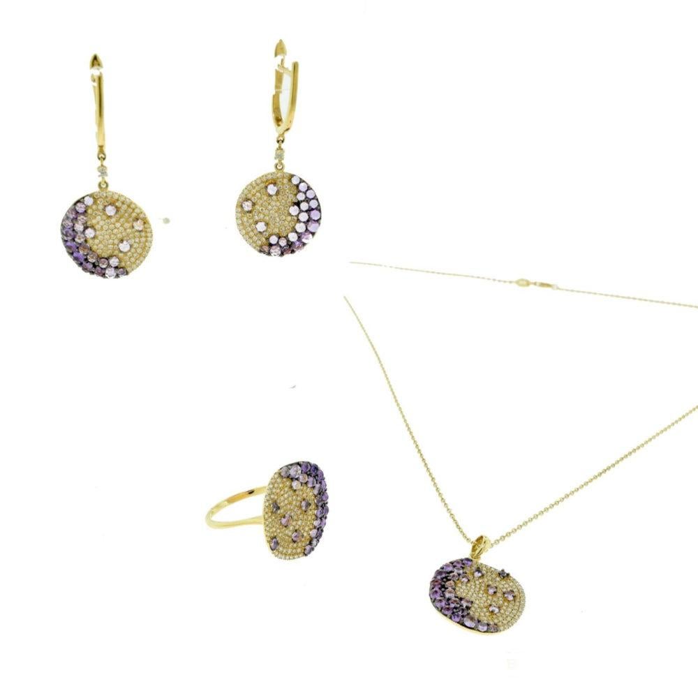 Diamond and Amethyst Yellow Gold Set, Necklace Earrings and Ring For Sale 5