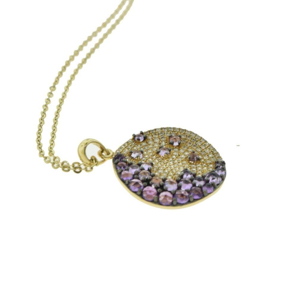 Round Cut Diamond and Amethyst Yellow Gold Set, Necklace Earrings and Ring For Sale