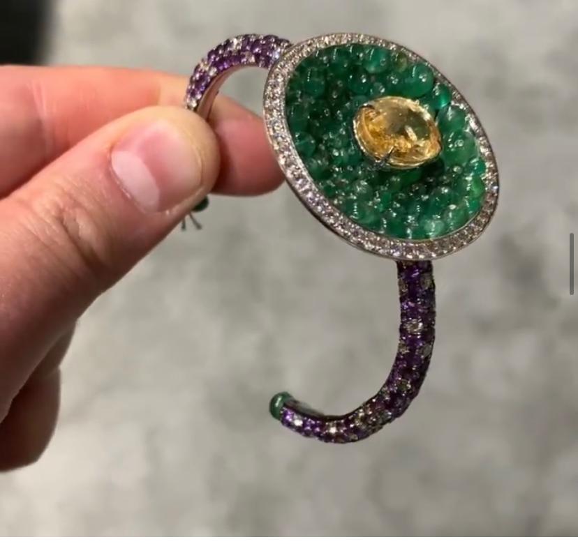 Women's or Men's Diamond, Amethyst, Yellow Sapphire, and Emerald Disc Bangle For Sale