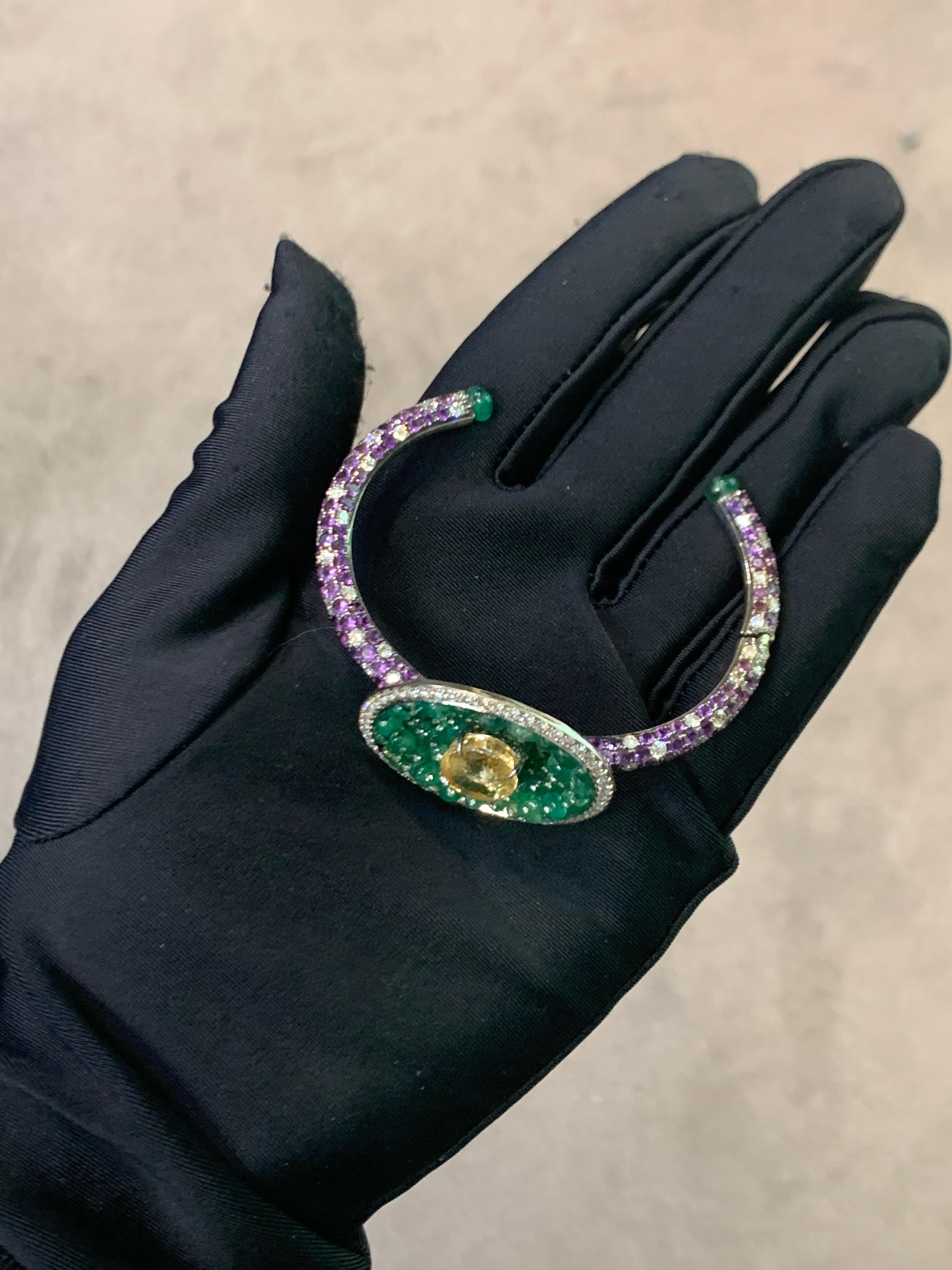 Oval Cut Diamond, Amethyst, Yellow Sapphire, and Emerald Disc Bangle For Sale
