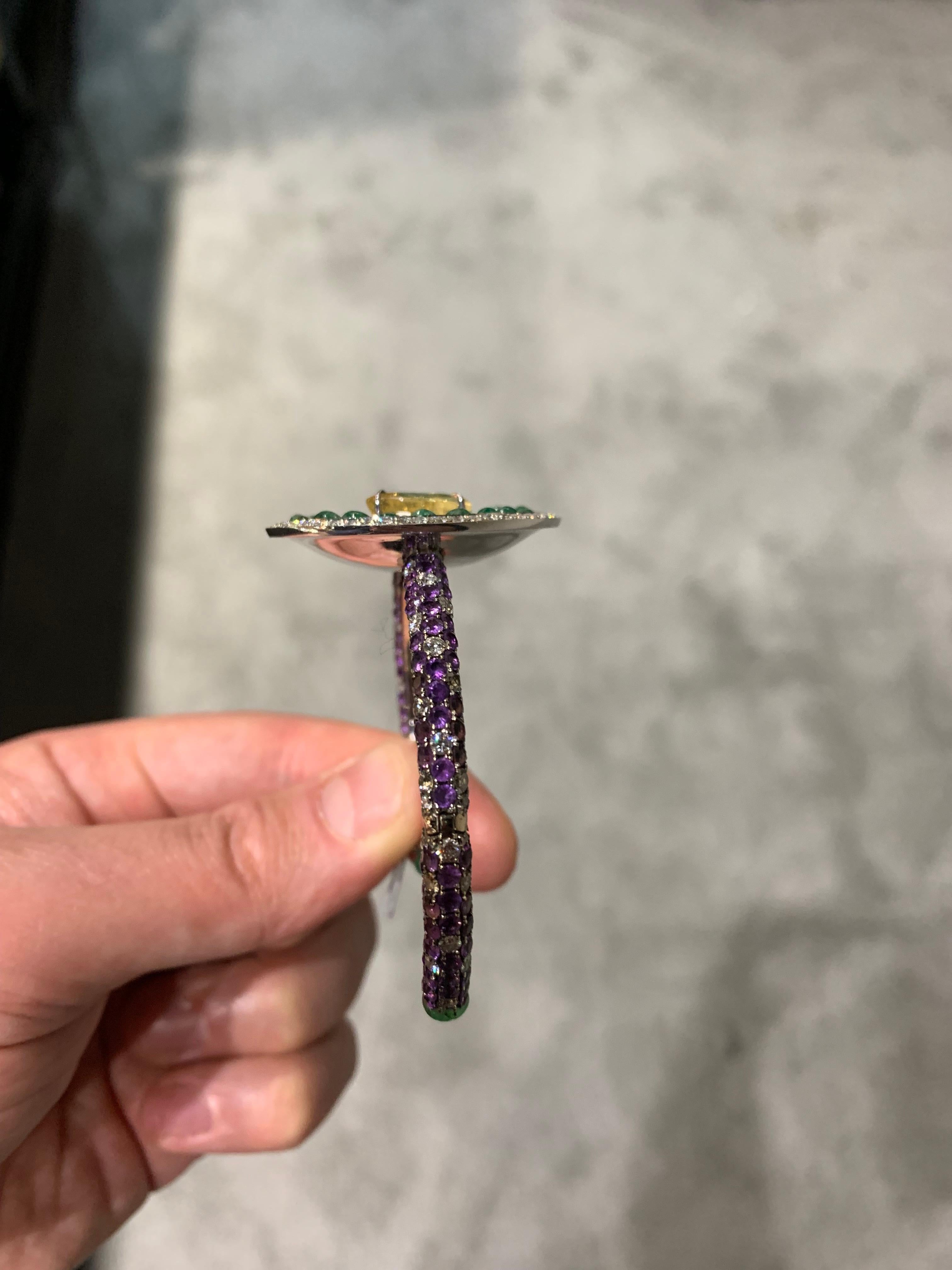 Diamond, Amethyst, Yellow Sapphire, and Emerald Disc Bangle For Sale 2