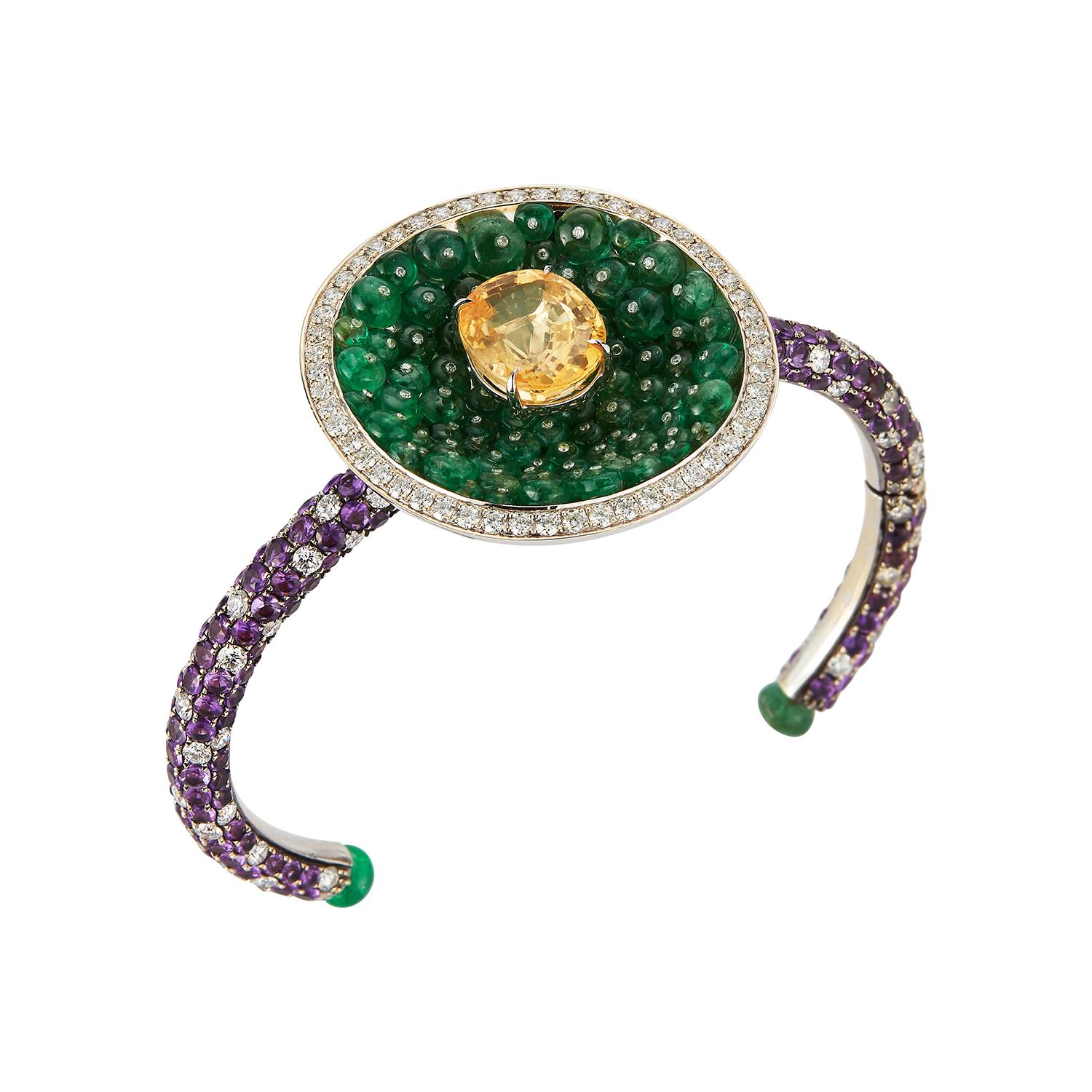 Diamond, Amethyst, Yellow Sapphire, and Emerald Disc Bangle For Sale 4
