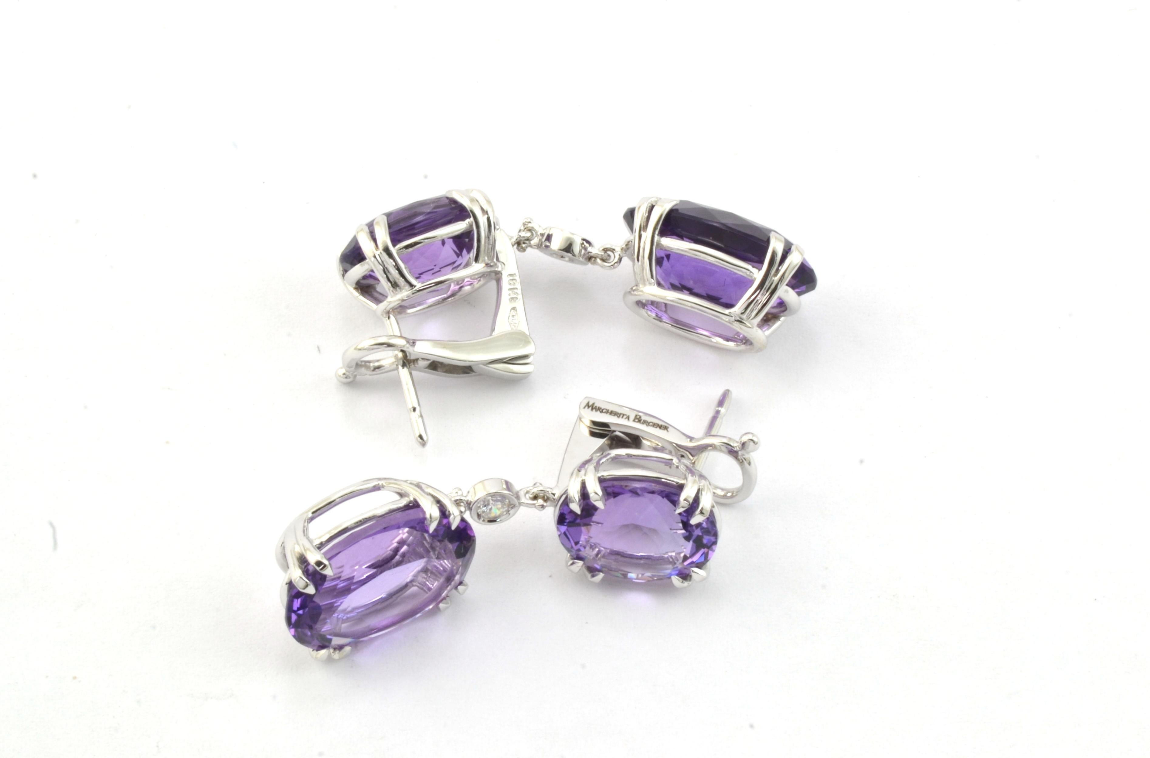 Oval Cut Amethysts Diamond 18 KT White Gold Made in Italy Earrings
