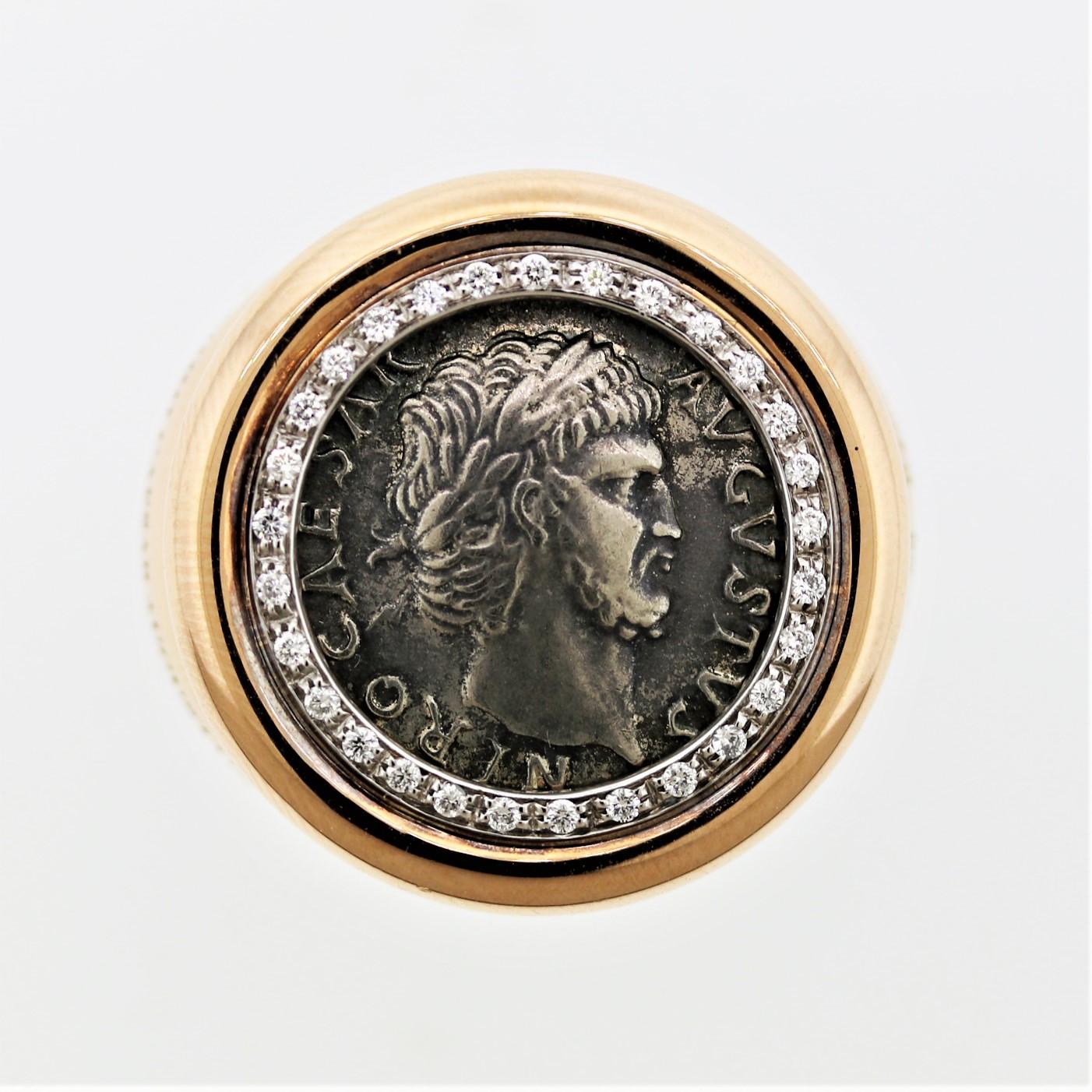 A modern made ring featuring an ancient coin from the year 54 AD, making it close to 2000 years old! It is the coin of Nero the last Caesar of Rome from the year 54-68. It is complemented by round brilliant-cut diamonds set around the coin adding a