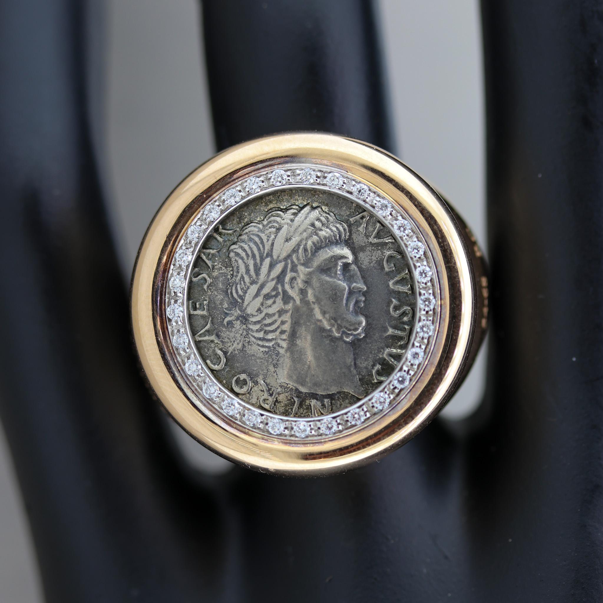 Round Cut Diamond Ancient Roman Caesar Coin Gold Ring, circa 54 AD
