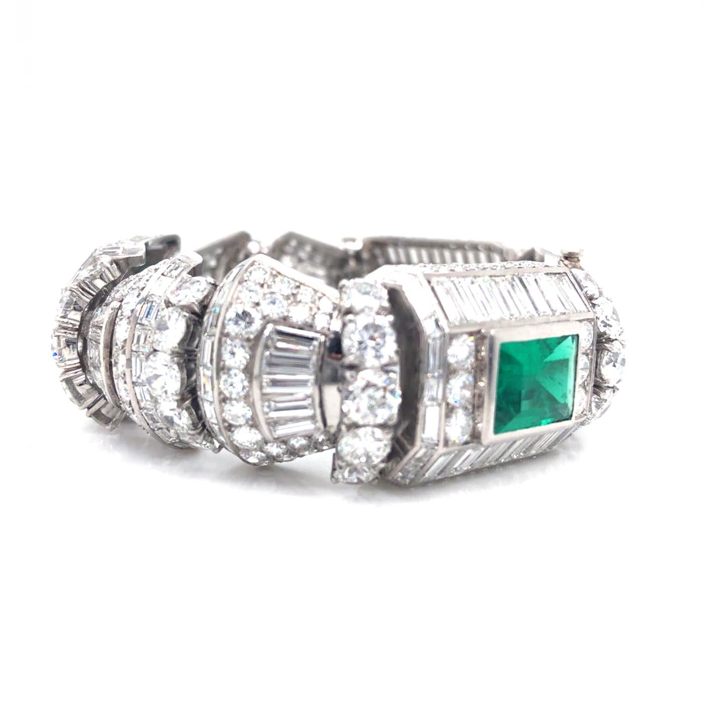 Modernist Diamond and 12ct Colombian Emeralds French Platinum Deco Bracelet Rubell Frers For Sale