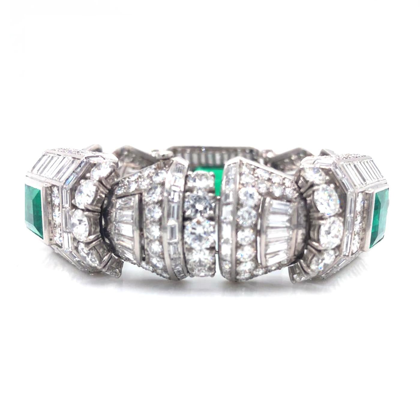 Emerald Cut Diamond and 12ct Colombian Emeralds French Platinum Deco Bracelet Rubell Frers For Sale