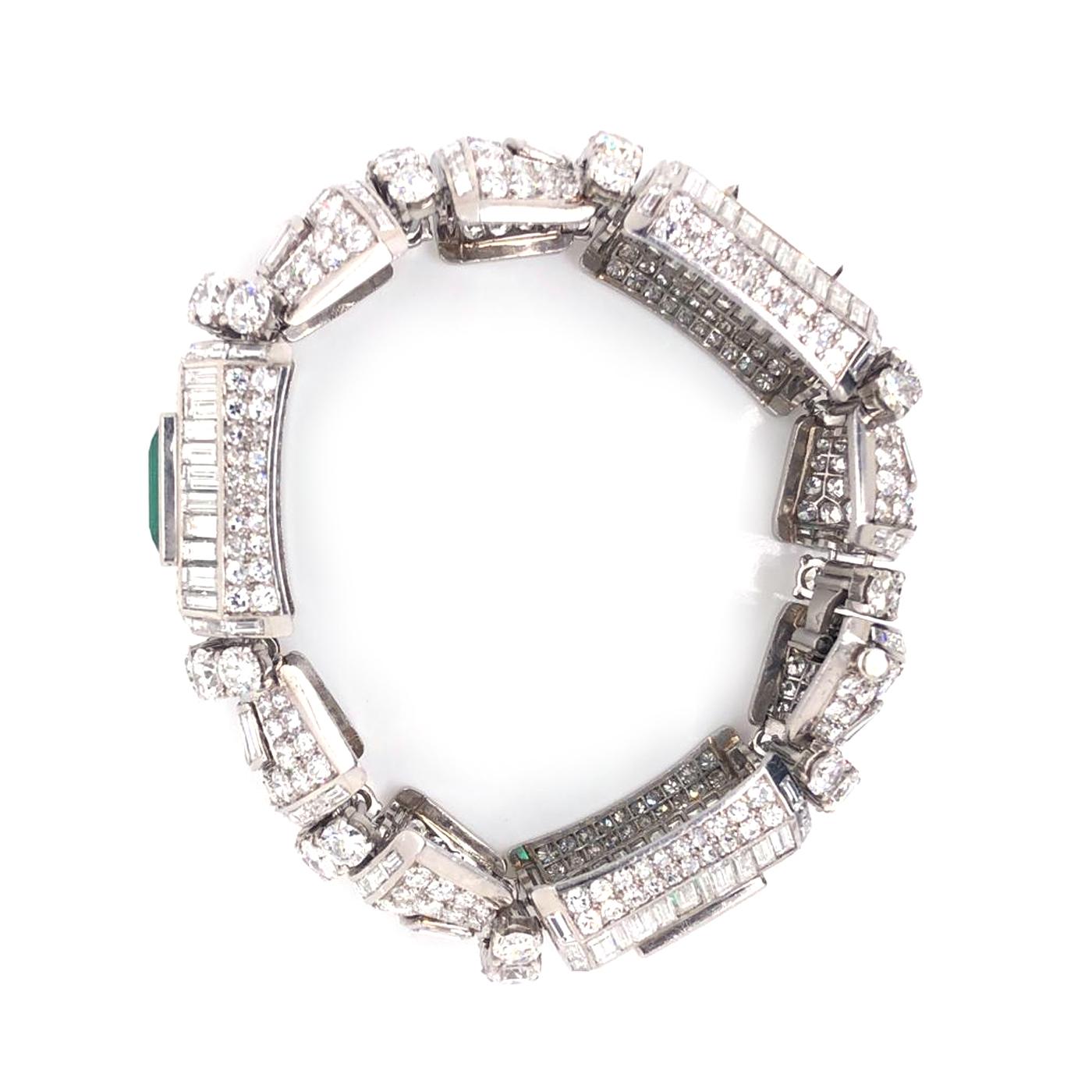 Diamond and 12ct Colombian Emeralds French Platinum Deco Bracelet Rubell Frers In Good Condition For Sale In Aventura, FL