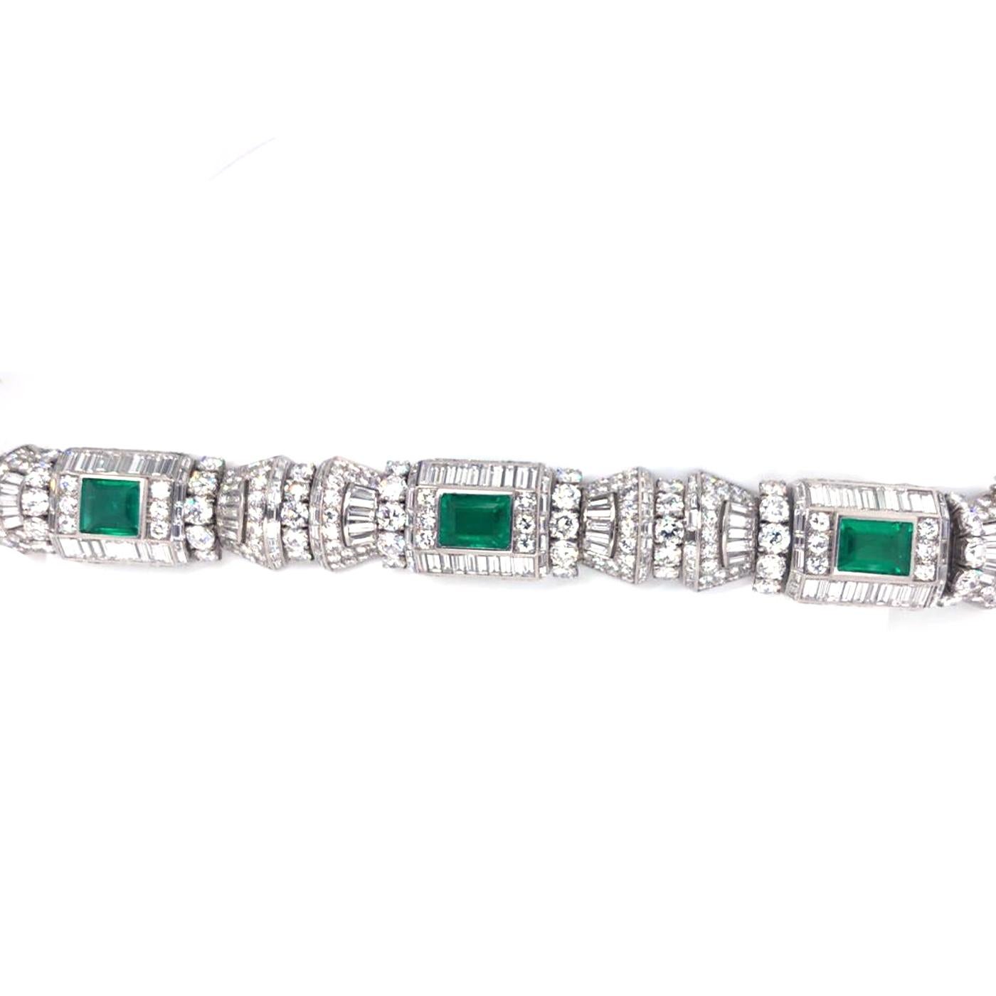 Women's Diamond and 12ct Colombian Emeralds French Platinum Deco Bracelet Rubell Frers For Sale