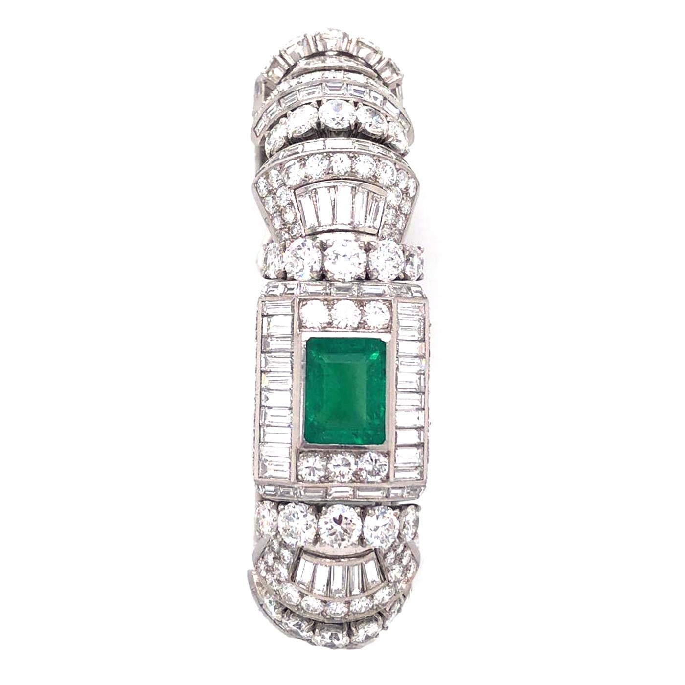 Diamond and 12ct Colombian Emeralds French Platinum Deco Bracelet Rubell Frers For Sale 1