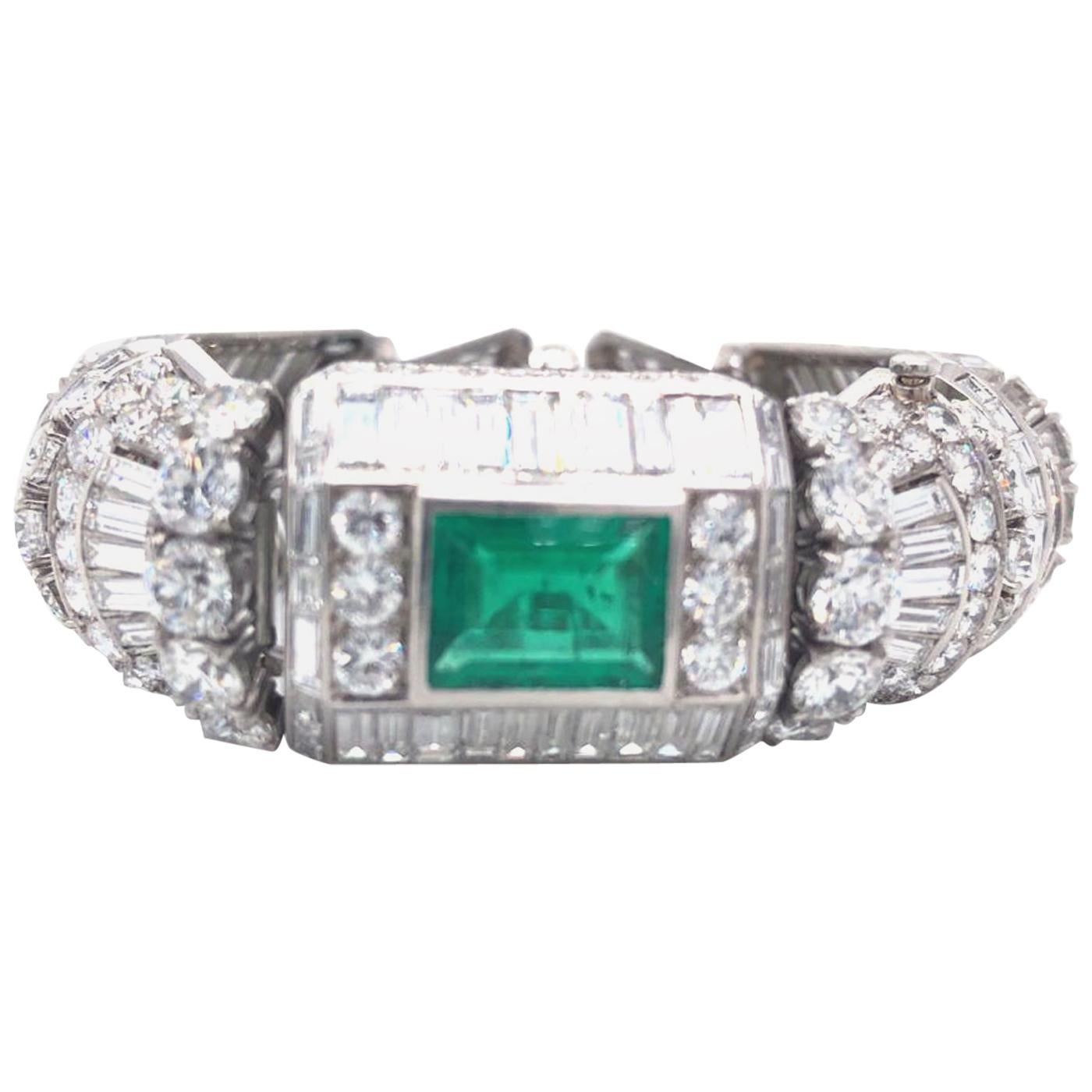 Diamond and 12ct Colombian Emeralds French Platinum Deco Bracelet Rubell Frers