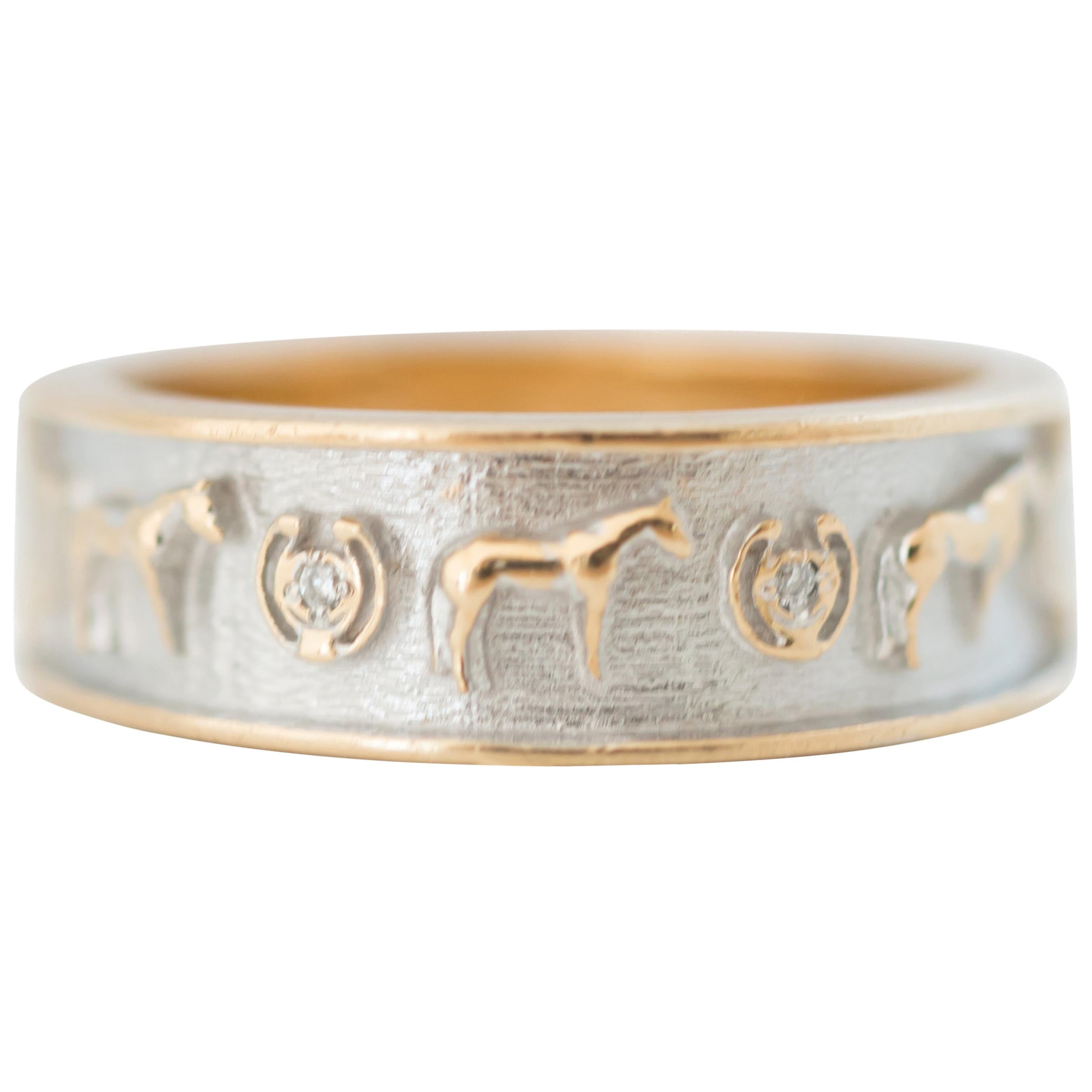 Diamond and 14 Karat Gold Band Lucky Horseshoe and Horse Equestrian Ring